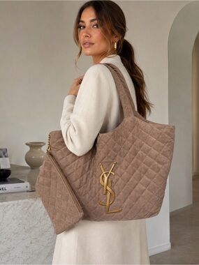 Quilted Suede Tote in Ten with Gold Logo Hardware